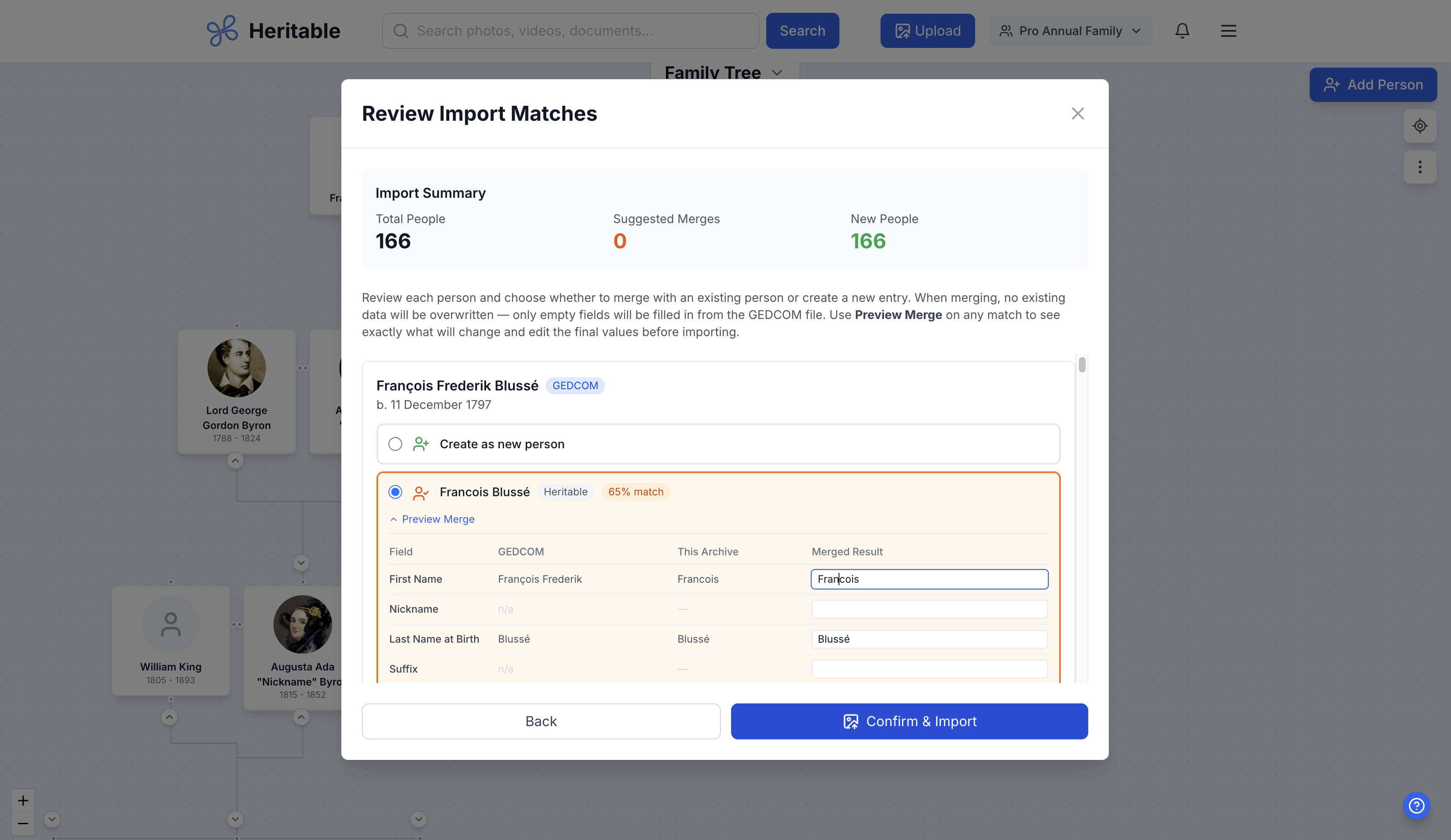 Heritable Import a Family Tree dialog showing the file upload area with a .ged file