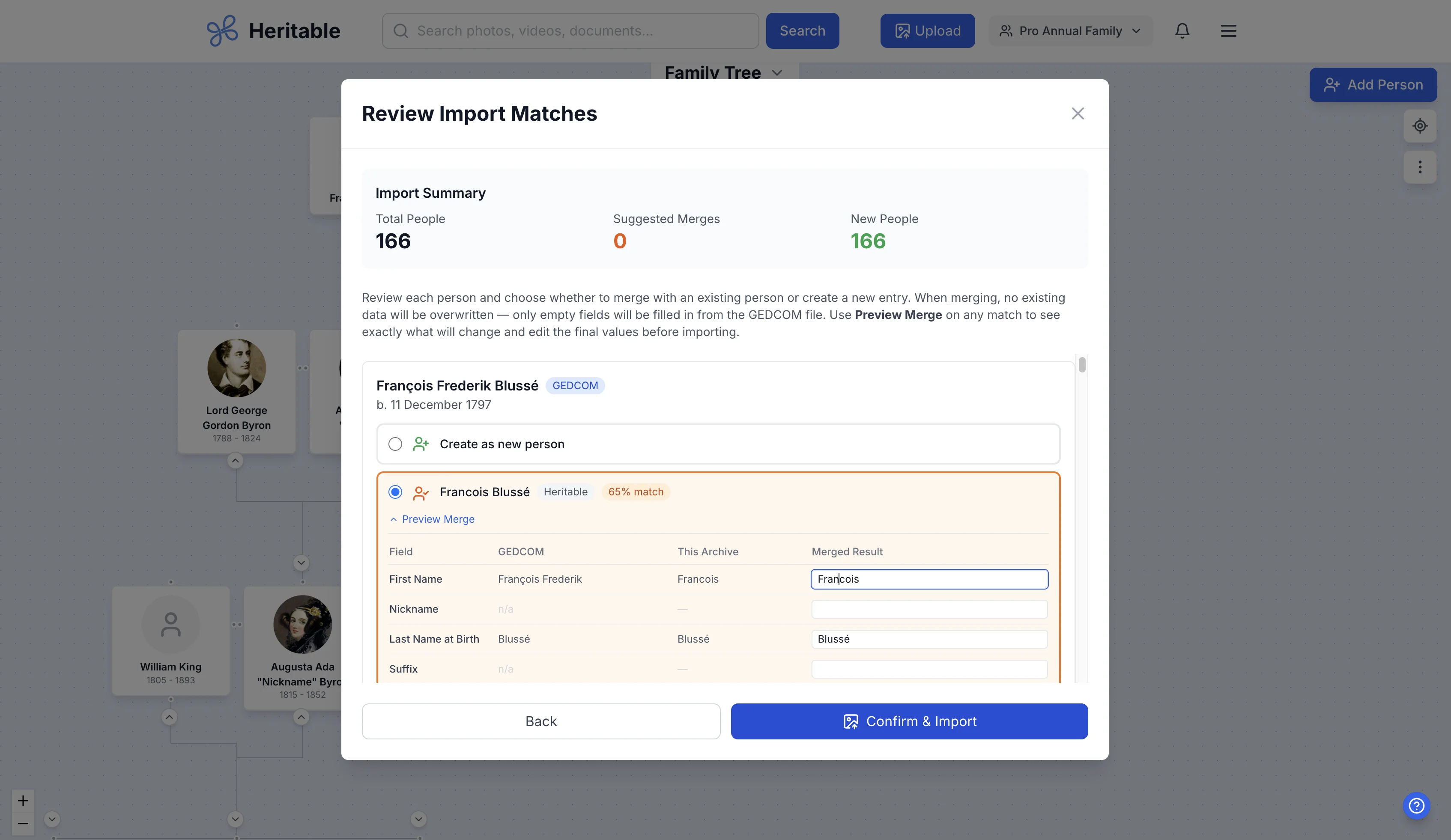 Heritable Review Import Matches screen showing merge preview with field comparison