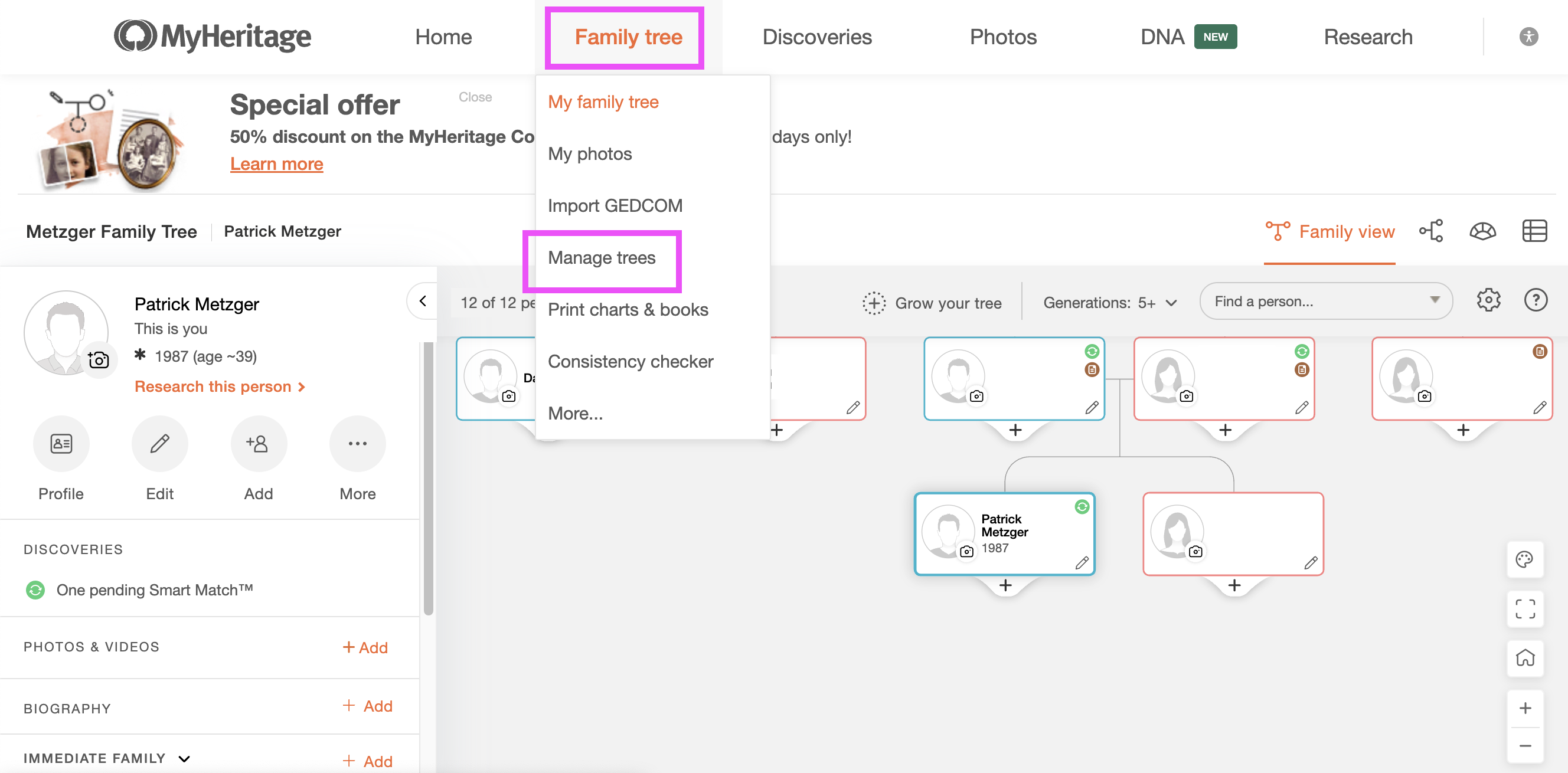 MyHeritage family tree dropdown menu with Manage trees highlighted