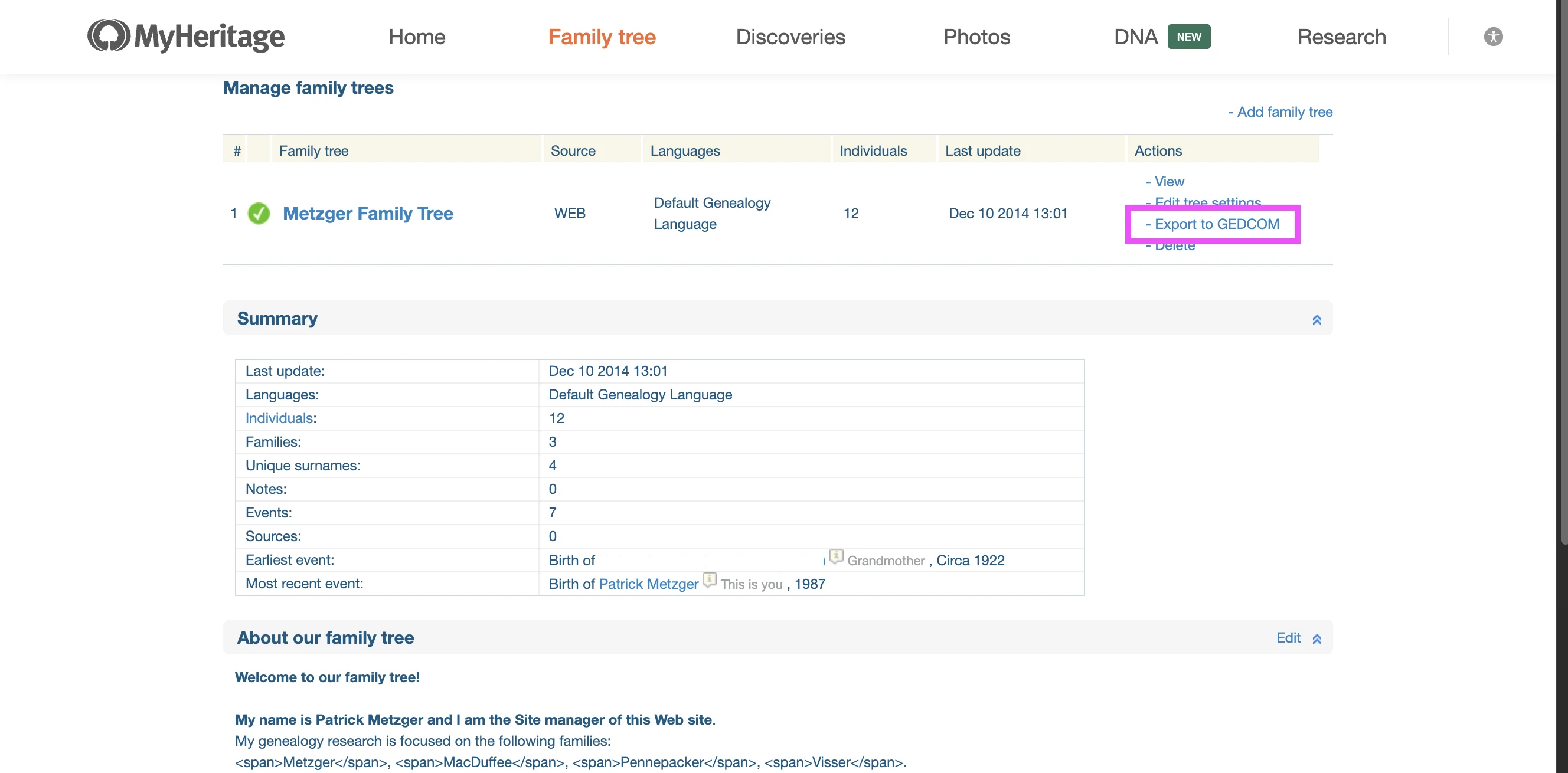 MyHeritage Manage family trees page with Export to GEDCOM highlighted
